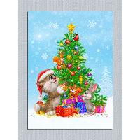 Открытка. Фауна. Животные. Кот.Котик. С новым годом! Елочка. Худож. А.Долотов (чистая)