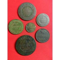 5 копеек 1880 г., 3 копейки 1874 г., 2 копейки 1885 г., 1/2 копейки 1899 г, 1 копейка 1860 г. С рубля, без м.ц. См. др. мои лоты.