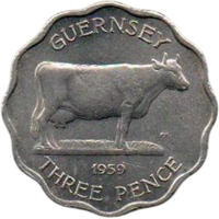 БЕЙЛИВИК ГЕРНСИ. 3 ПЕННИ ПЕНСА 1959. ФАУНА. ГЕРНСИЙСКАЯ КОРОВА. ТОЛСТЫЙ ТИП.