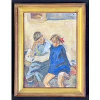 Крохалев П.С (Крохолев) "За чтением", холст, масло. Размер с рамой 31х41 см.