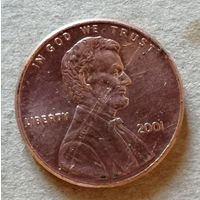 США 1 цент 2001 год, Без отметки монетного двора Филадельфия, KM# 201b