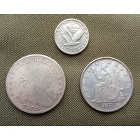 USA США Квотер 1917 + доллар 1804 + торговый доллар 1872 одним лотом ( Копии )