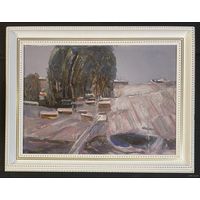 Данциг М.В;85/65,5см."Посёлок", 1967г. Картон, масло. Размер 50х70 см., с родной рамой 85х65,5 см.