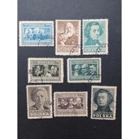 Польша 1947 Полная серия марок "Польская культура" (гашение без клея, следы от наклеек) Mi.455А-462А каталог 2.20 евро