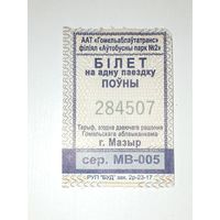 Билет на одну поездку. г. Мозырь