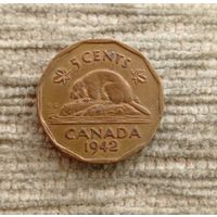 Werty71 Канада 5 центов 1942 Георг 6 Бобр Томпак Жёлтая Редкая