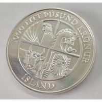 Исландия 1000 крон 1974 год  1100 лет первым поселенцам серебро 0.925 UNC