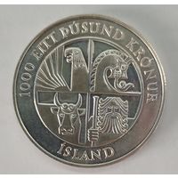 Исландия 1000 крон 1974 год  1100 лет первым поселенцам серебро 0.925 UNC