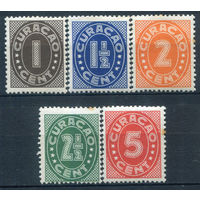 Нидерландские колонии - Кюрасао - 1936/42г. - цифры - 5 марок - полная серия, MNH, 1 марка с отпечатком на клее, 3 с жёлтыми пятнышками на зубчиках перфорации [Mi 143-147]. #3-WB-81-A-1