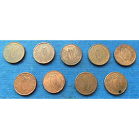 Ирландия 1 евроцент 2002, 2003, 2004, 2005, 2006, 2007, 2008, 2012, 2013