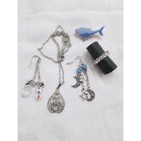 Набор бижутерии 2. Серьги Аврора Бореалис, кулон винтажный 90-х, кольцо с фианитами, брошь
