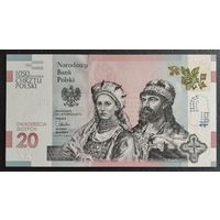 Польша. 20 злотых 2015г. 1050-летие Крещения Польши. Король Мешко Первый и Добрава. UNC. Первая коллекционная банкнота с голограммой. Полимер.