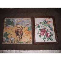 Вышивки на ткани Попугай и Олень старинные 40-50-е г.С рубля.