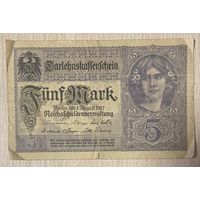 Банкнота 5 марок 1917 год. Германская империя. С рубля без МЦ.