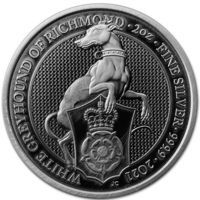 Великобритания 5 фунтов 2021г. "Звери Королевы: Белая борзая Ричмонда". ANTIQUE. Монета в капсуле; подарочном футляре; номерной сертификат. Тираж 150шт. N 78. СЕРЕБРО 62,20гр.(2 oz).