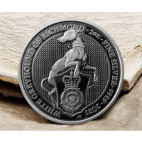 Великобритания 5 фунтов 2021г. "Звери Королевы: Белая борзая Ричмонда". ANTIQUE. Монета в капсуле; подарочном футляре; номерной сертификат N78. Тираж 150шт. СЕРЕБРО 62,20гр.(2 oz).