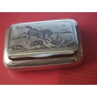 Портсигар , "Охота на кабанов "серебро 84 пробы чернь.