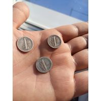 США 10 центов ( дайм) 1936,1944,1945 года ,серебро 900 пробы