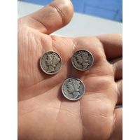 США 10 центов ( дайм) 1936,1944,1945 года ,серебро 900 пробы