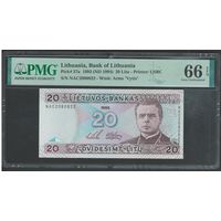 Литва 20 лит 1993 года. Тип Р-57а. Состояние UNC. В слабе PMG 66