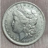 Монета США 1 доллар 1891 год. Доллар Моргана. Монетный двор O Новый Орлеан.