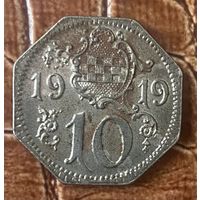 Монета 10 пфеннигов 1919 год. Хэмм. Веймарская республика.