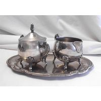 Сервиз Набор кофейный Сливочник+Сахарница на подносе Серебрение Америка USA LEONARD SILVER PLATE