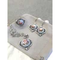 Комплект серьги, кулон и кольцо, скань, финифть, винтаж, СССР, мельхиор