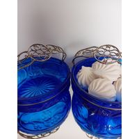 Цветное стекло. Корзинка. Вазочка. Синее стекло. Конфетница. Кобальт