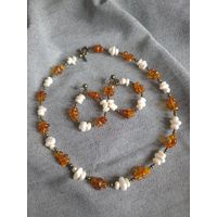 Колье бусы серьги натуральный жемчуг и янтарь