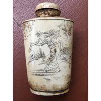 Старинная табакерка ,кость, штихельная резьба, редкость