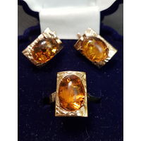 Превосходный комплект "Янтарь в золоте" (кольцо + серьги), 585 проба.