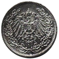 ГЕРМАНСКАЯ ИМПЕРИЯ. 1/2 МАРКИ 1905 G. Серебро