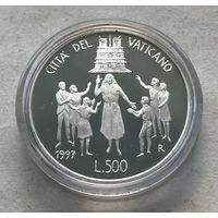Ватикан 500 лир 1997 пруф - XII Всемирная конференция молодежи - серебро, редкая, тираж 6.000 экз.!