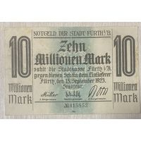 Банкнота 10 миллионов марок 1923 год. Фюрт. Веймарская республика . С рубля без МЦ.