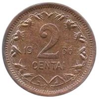 Литовская Республика. Литва. /I Республика/. 2 цента 1936. Пагоня. AUNC