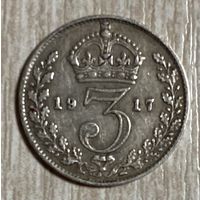 Монета Великобритания 3 пенса 1917 года. Корона. Король Георг V. Серебро