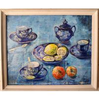 Грибова А.В "Синий натюрморт", 1999 г. ДВП, темпера. 45/55 см.