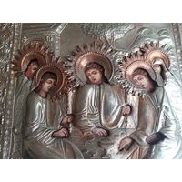 Икона Троица Ветхозаветная Живоначальная. Оклад, доска. 31 см на 27 см. Торги с 1 рубля. МЦ.