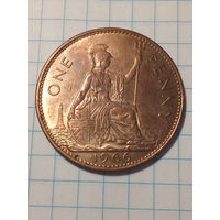 1 пенни Великобритания 1966 год.