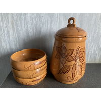 Набор СССР для меда - горшок и 3 тарелочки, керамика, роспись