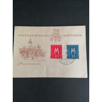 ГДР 1957 Сувенирный листок с двумя марками серии "Торговая ярмарка в Лейпциге" (спецгашение) Mi.596-597 каталог 1.50 евро