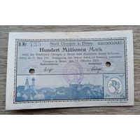 Werty71 Германия 100000000 марок 1923 100 миллионов Гинген-ан-дер-Бренц город в Баден-Вюртемберге  гашение