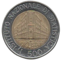 Итальянская Республика (Италия). 500 лир 1996. 70 лет Национальному институту статистики.