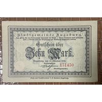 Банкнота 10 марок 1918 год. Аугсбург. Веймарская республика.