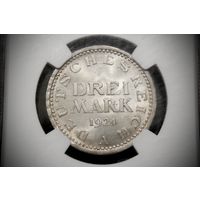 3 рейхсмарки 1924 г. Веймарская республика (Германия), Пауль фон Гинденбург. NGC MS64