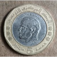 Тунис 5 динаров, 2002 г., 2 года со дня смерти Хабиба Бургиба /гладкие звезды/, KM# 350