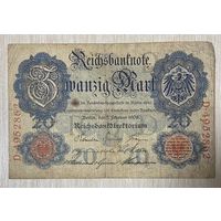 Банкнота 20 марок 1908 год. Германская империя. С рубля без МЦ.