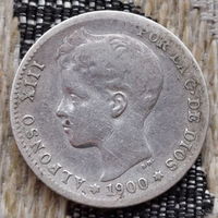 Испания 1 песета 1900 года. Король Альфонсо ХIII. Герб. Серебро! Сторгуй за свою цену, предложи обмен!