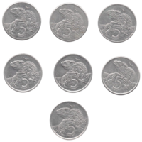 Королевство Новая Зеландия. 5 центов 1987, 1989, 1994, 1995, 1996, 1998. 3-й тип портрета. Фауна. Ящерица гаттерия (туатара). Цена за одну монету.